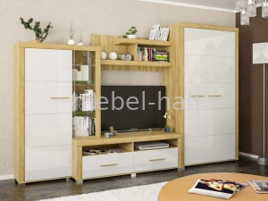 Стенка горка под ТВ в гостиную Неон-2 Мебель Сервис Дуб Золотой Белый Глянец