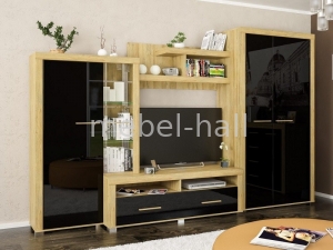 Стенка горка под ТВ в гостиную Неон-2 Мебель Сервис Дуб Золотой Черный Глянец